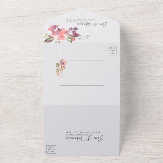 Romantic Blush Mauve Waterverf Floral All In One Uitnodiging (Buitenkant)