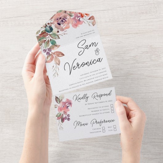 Romantic Blush Mauve Waterverf Floral All In One Uitnodiging (Afscheurbaar)