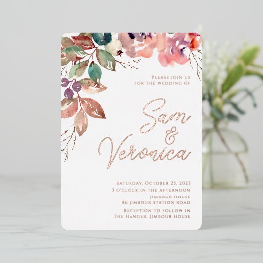 Romantic Blush Mauve Waterverf Roos Gold Foil in Folie Uitnodiging (Staand Voorkant)