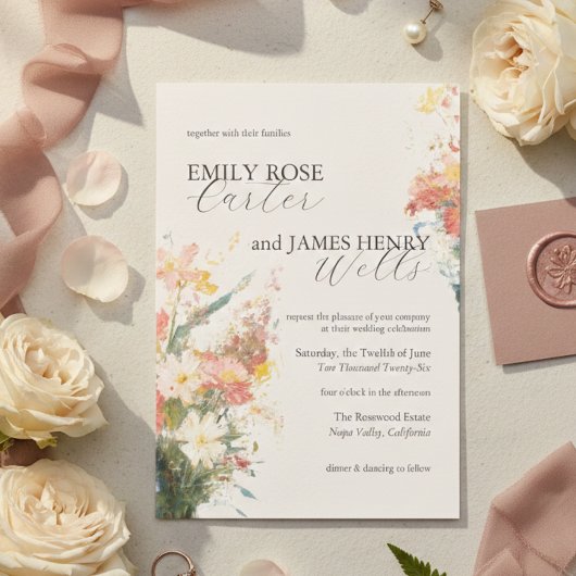 Romantic Blush Painted Floral Wedding Kaart