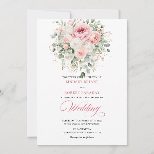 Romantic Blush Peonies Greenery Gold Wedding  Kaart (Voorkant)