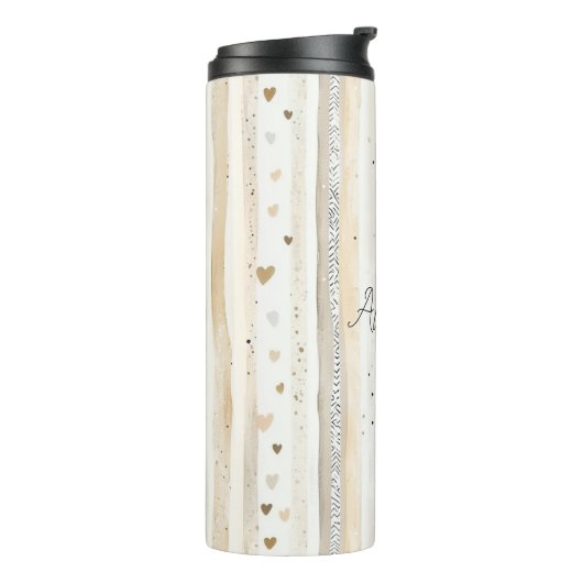 Romantic Blush Pink Cream Cream Hearts Stripes Thermosbeker (Gedraaid links)