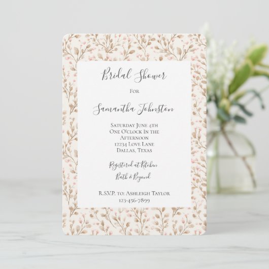 Romantic Blush Pink Cream Floral Bridal Shower Kaart (Staand voorkant)