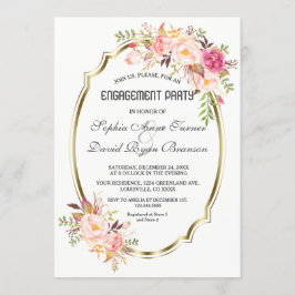 Romantic Blush Pink Floral Gold Engagement Party Kaart