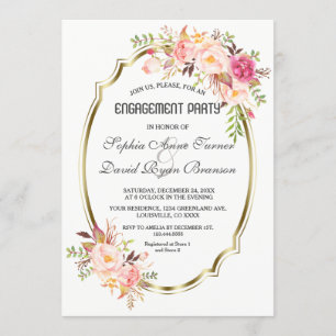 Romantic Blush Pink Floral Gold Engagement Party Kaart