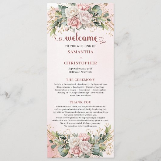 Romantic Blush Pink Floral Gold Greenery Wedding Programmakaart (Voorkant)