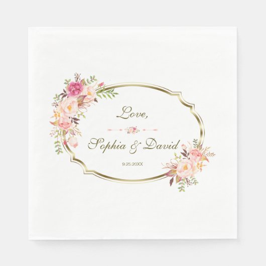 Romantic Blush Pink Floral Gold Lijst Weddenschap Servet (Voorkant)