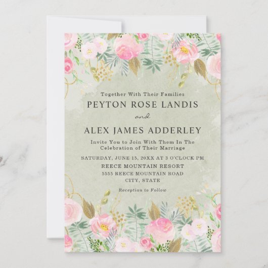 Romantic Blush Pink Floral Green Gold Wedding Kaart (Voorkant)