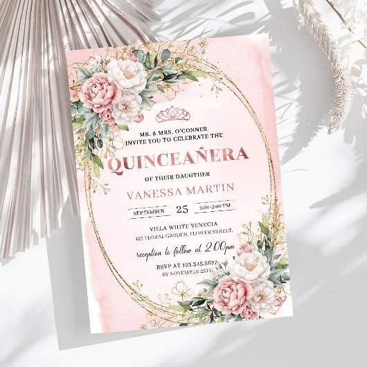 Romantic Blush Pink Floral Greenery Quinceañera Kaart