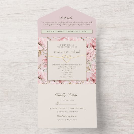Romantic Blush Pink Floral Wedding All In One Uitnodiging (Binnen)