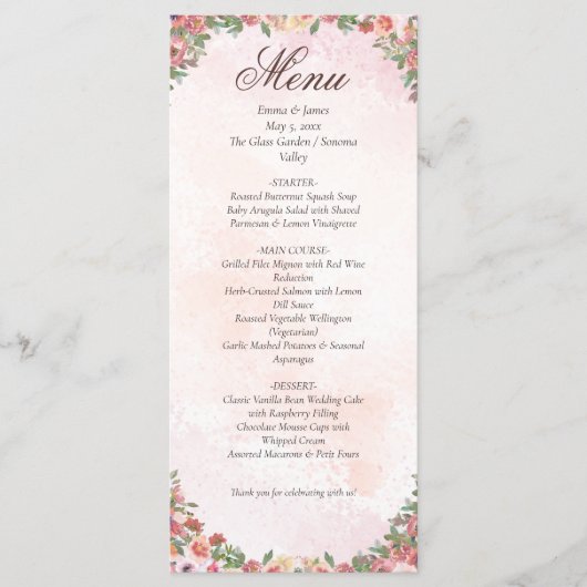 Romantic Blush Pink Floral Wedding Menu Card (Voorkant)