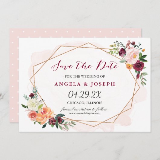 Romantic Blush Pink Floral Wedding Save the Date (Voorkant / Achterkant)