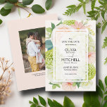 Romantic Blush Pink Floral Wedding Save The Date<br><div class="desc">Een prachtige waterverf van witte en groene hydrangea met roze en roomkleurige rozen,  zeeschildpadden en kleine bloesems en verlaat creëer deze bruiloft met de datumkaart met uw details in de tekst en uw foto op de achterkant met informatie over uw website. Punten in onze winkel koppelen.</div>