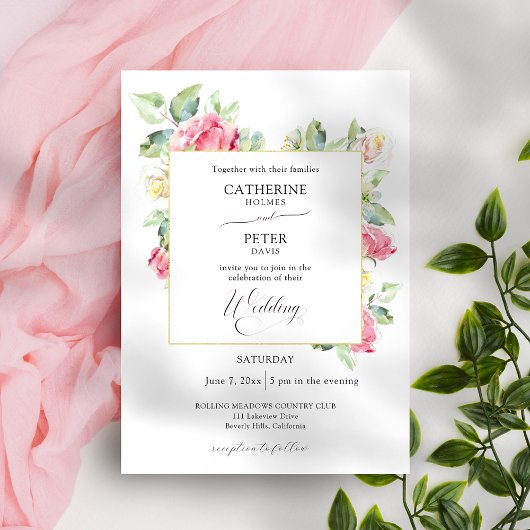 Romantic Blush Pink/Ivory Watercolor Roses Wedding Kaart