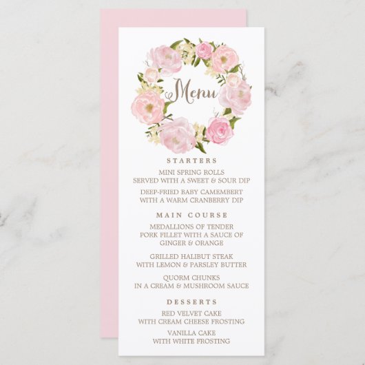 Romantic Blush Pink Peonies Wreath Menu Kaart (Voorkant / Achterkant)