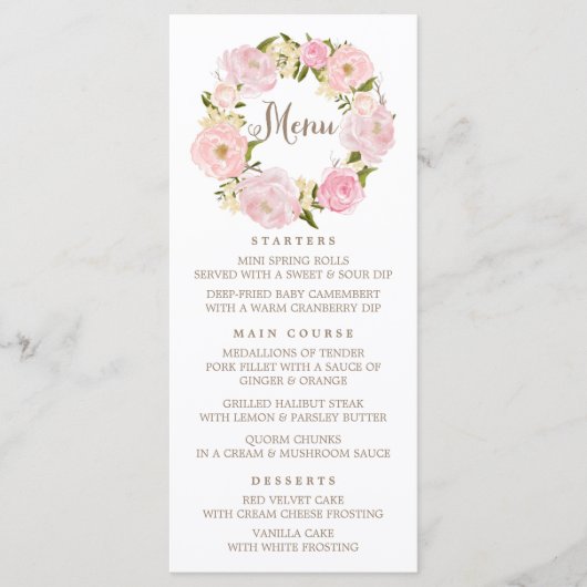 Romantic Blush Pink Peonies Wreath Menu Kaart (Voorkant)