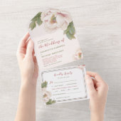 Romantic Blush Pink Peony Roos Floral Wedding All In One Uitnodiging (Afscheurbaar)
