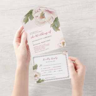 Romantic Blush Pink Peony Roos Floral Wedding All In One Uitnodiging