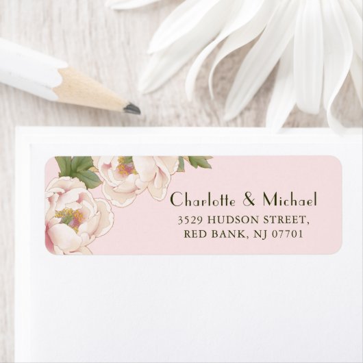 Romantic Blush Pink Peony Wedding Return Address Etiket (Insitu)