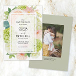 Romantic Blush Pink Sage Green Wedding Save The Date<br><div class="desc">Een prachtige waterverf van witte en groene hydrangea met roze en roomkleurige rozen,  zeeschildpadden en kleine bloesems en verlaat creëer deze bruiloft met de datumkaart met uw details in de tekst en uw foto op de achterkant met informatie over uw website. Punten in onze winkel koppelen.</div>