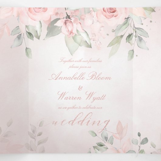 Romantic Blush Pink Secret Garden Rozen Weddenscha Drieluik Kaart (Binnenkant midden)