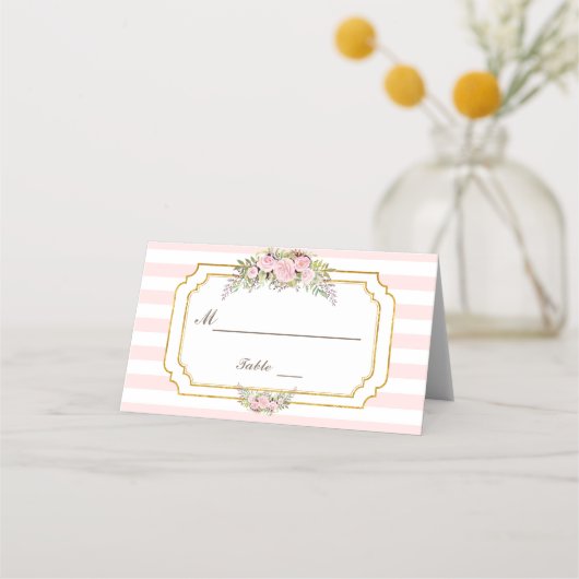 Romantic Blush Pink Stripes Floral Table Number Plaatskaartje (Voorkant)