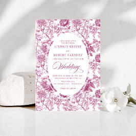 Romantic Blush Pink Toile Roses Wedding Invitation Kaart