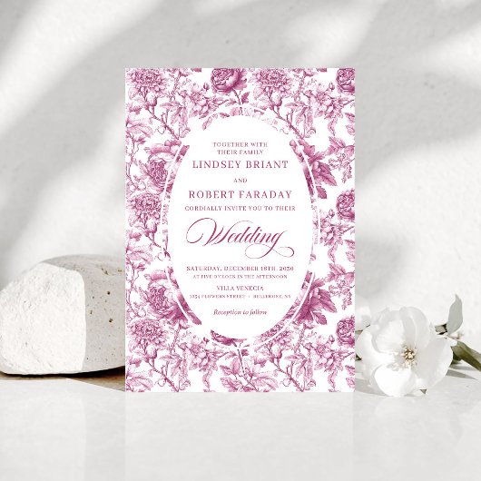 Romantic Blush Pink Toile Roses Wedding Invitation Kaart