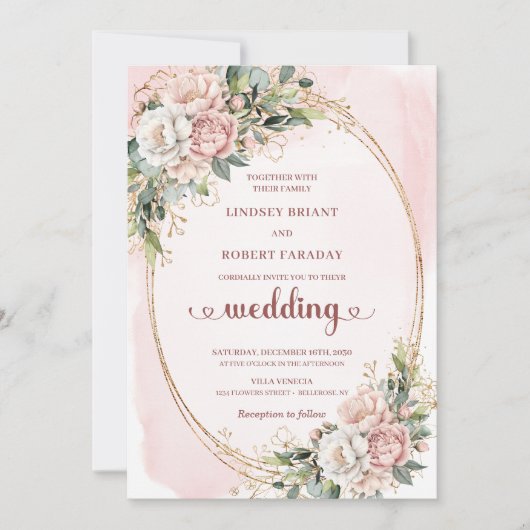 Romantic Blush Rose Gold Greenery Wedding Invite Kaart (Voorkant)