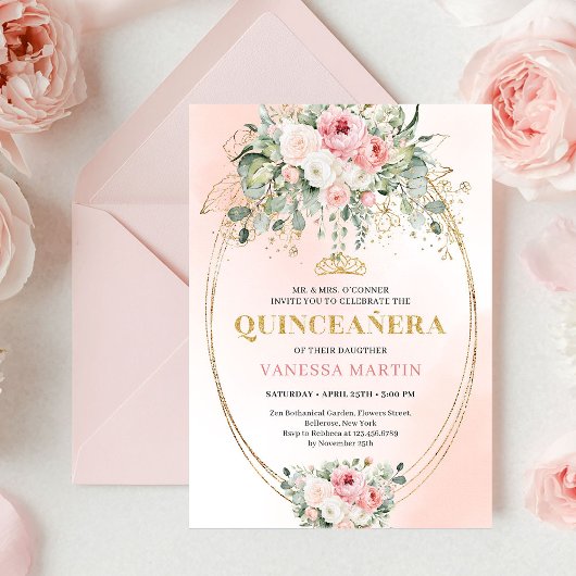 Romantic Blush Roses Bohemian Quinceañera Invite Kaart