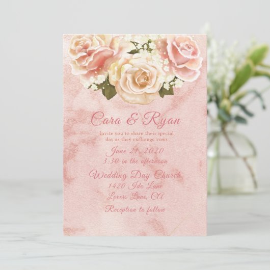Romantic Blush Roses Elegant Weddding Invitat Kaart (Staand voorkant)