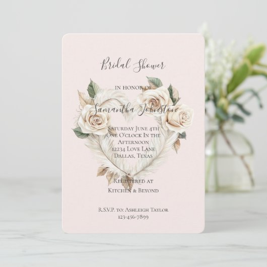 Romantic Blush Roses Feathers Heart Bridal Shower Kaart (Staand voorkant)