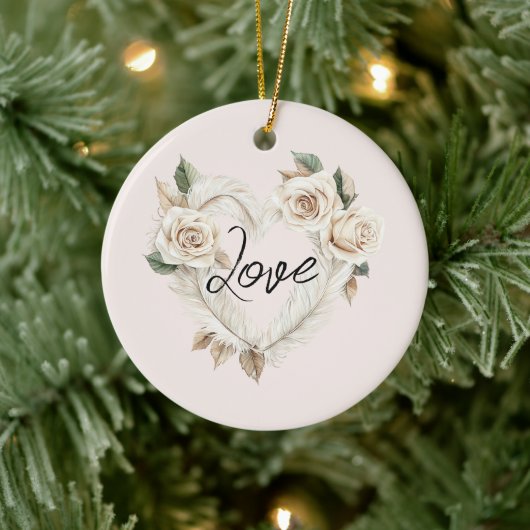 Romantic Blush Roses Feathers Heart Love Keramisch Ornament (Boom)