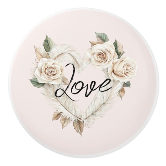 Romantic Blush Roses Feathers Heart Love Keramische Knop (Voorkant)