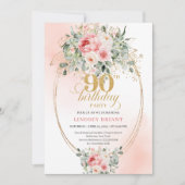 Romantic Blush Roses Greenery 90th Birthday Invite Kaart (Voorkant)
