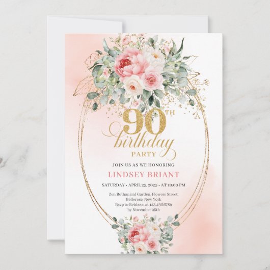 Romantic Blush Roses Greenery 90th Birthday Invite Kaart (Voorkant)