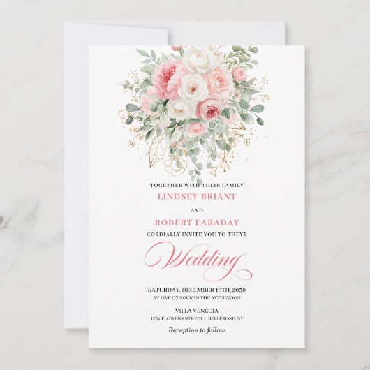 Romantic Blush Roses Greenery Gold Wedding Invite Kaart (Voorkant)