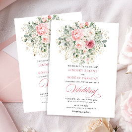 Romantic Blush Roses Greenery Gold Wedding Invite Kaart