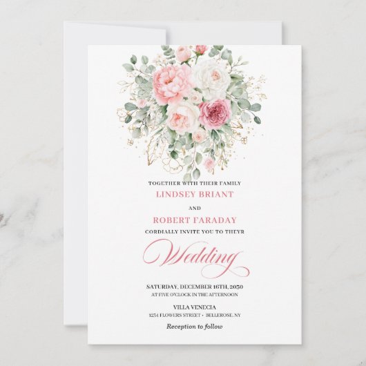Romantic Blush Roses Greenery Gold Wedding Invite Kaart (Voorkant)