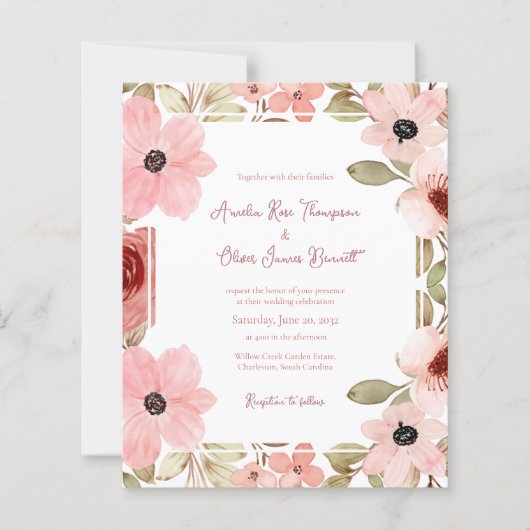 Romantic Blush Soft Pink Floral Wedding Invitation (Voorkant)