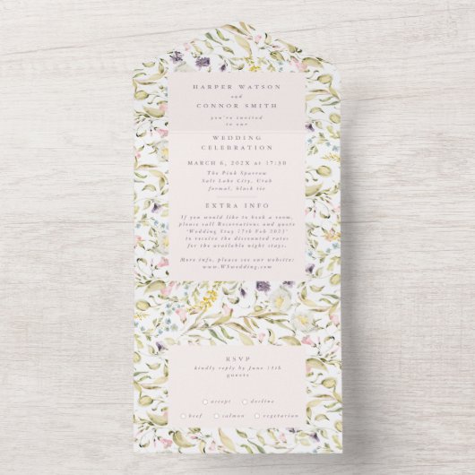 Romantic Blush Spring Wildflower Pampas Wedding All In One Uitnodiging (Binnen)