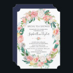 Romantic Blush White Floral Bridal Tea Shower Kaart<br><div class="desc">Romantisch ontwerp met prachtige hand geschilderde waterverf blush roze,  perzik en witte bloemen,  florale verdeler,  allemaal op een witte achtergrond; op de achterkant een blauwe achtergrond en bloem. Gebruik personaliseer deze sjabloon om uw info toe te voegen. Ga naar het Collectie Blush White Peonies voor overeenkomende objecten.</div>