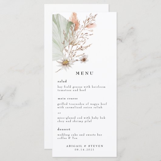 Romantic Bohemen met Pampas Grass Wedding Menu (Voorkant / Achterkant)