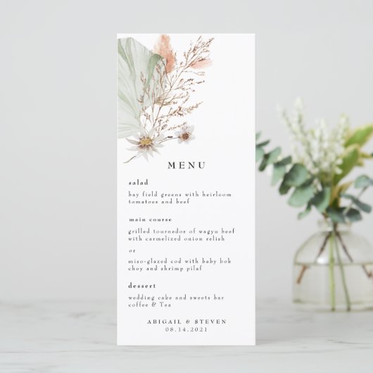 Romantic Bohemen met Pampas Grass Wedding Menu (Staand voorkant)