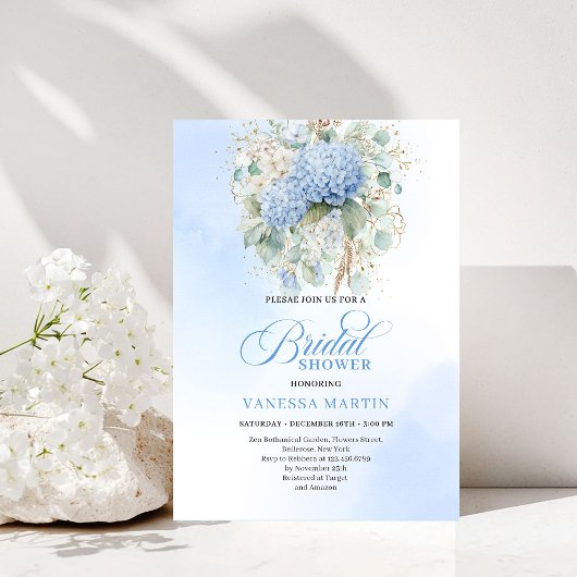 Romantic Bohemian Blue Floral Bridal Shower Invite Kaart