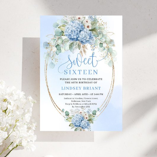 Romantic Bohemian Blue Floral Sweet 16 Invitation Kaart