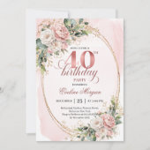 Romantic Bohemian Blush Floral Gold 40th Birthday Kaart (Voorkant)
