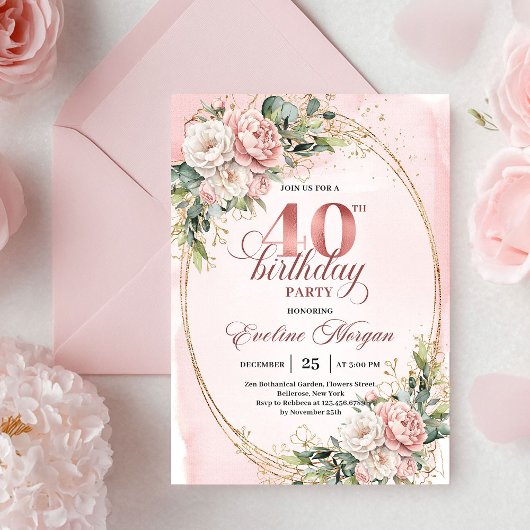 Romantic Bohemian Blush Floral Gold 40th Birthday Kaart