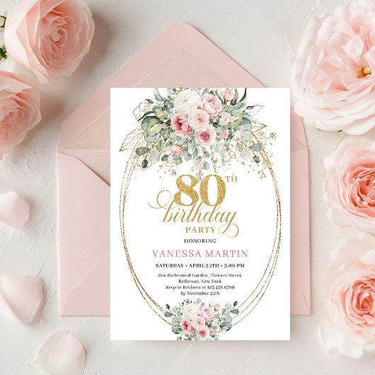 Romantic Bohemian Blush Floral Gold 80th Birthday Kaart