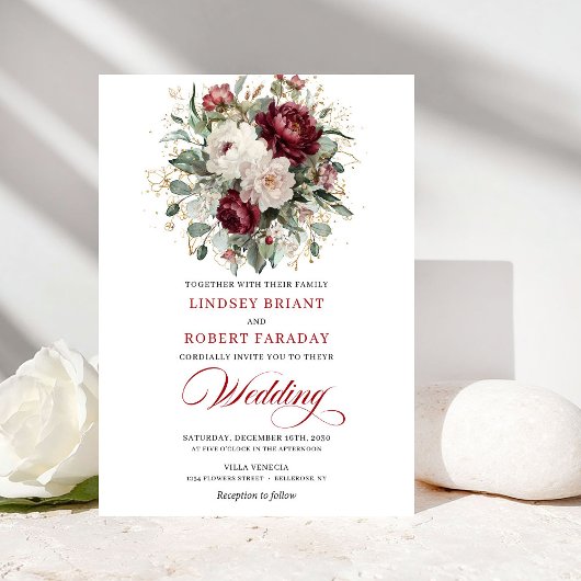Romantic Bohemian Burgundy White Floral Wedding  Kaart